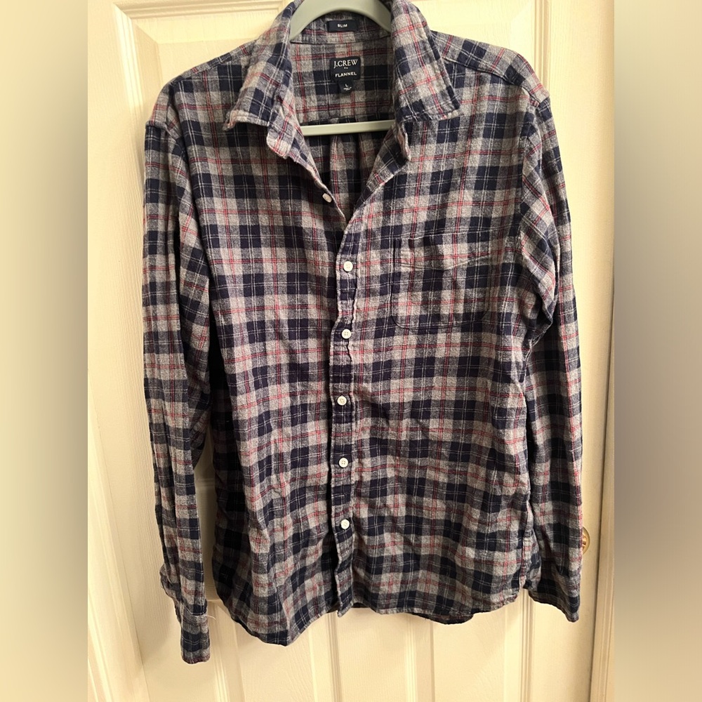 J.CREW Shirt Mens L Flannel‎ Western Plaid Button Up Long Sleeve Cotton Blue
